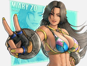 1girl abs black_gloves black_hair breasts dark-skinned_female dark_skin erodrunky gloves hand_on_own_hip highres long_hair looking_at_viewer miary_zo red_eyes smile solo tekken tekken_8 upper_body v yellow_nails