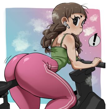 ! 1girl absurdres ass between_thighs blue_background blush braid breasts brown_hair earbuds earphones exercise_bike exercising gradient_background highres large_breasts leaning_forward long_hair looking_at_viewer looking_back motion_lines nuclear_wasabi original pants pink_background shirt shoulder_blush solo speech_bubble steam sweat tank_top thick_thighs thighs tight_clothes tight_pants tight_shirt twin_braids two-tone_background yoga_pants