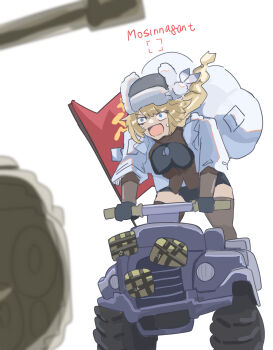 Rule 34 | 1girl, absurdres, all-terrain vehicle, battlefield (series), black shorts, blonde hair, blue eyes, braid, c4, character name, commentary request, driving, explosive, girls' frontline, girls' frontline 2: exilium, hat, highres, jacket, military vehicle, mixed-language commentary, mosin-nagant (girls' frontline), mosin-nagant (girls' frontline 2), motor vehicle, open mouth, shorts, simple background, solo, soviet flag, sweatdrop, tank, todoroki mushi, ushanka, white background, white jacket