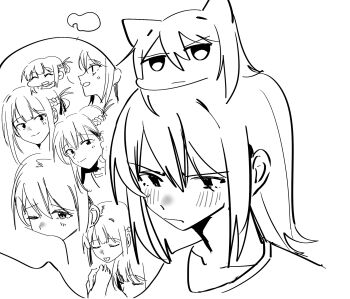 2girls animal_ears blush cat_ears cat_girl chibi chinese_commentary commentary_request feet greyscale haidao_mao highres imminent_licking kemonomimi_mode long_hair miyagi_shiori monochrome multiple_girls sendai_hazuki short_hair shuuniichido_classmate_wo_kau_hanashi simple_background white_background yuri