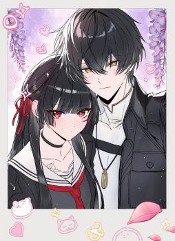 1boy 1girl alvis_tayl96598 black_choker black_serafuku black_shirt chisa_(wuthering_waves) choker commentary hashtag-only_commentary highres male_rover_(wuthering_waves) mole mole_under_eye neckerchief red_eyes red_neckerchief red_ribbon ribbon rover_(wuthering_waves) sailor_collar school_uniform serafuku shirt upper_body white_sailor_collar wuthering_waves yellow_eyes