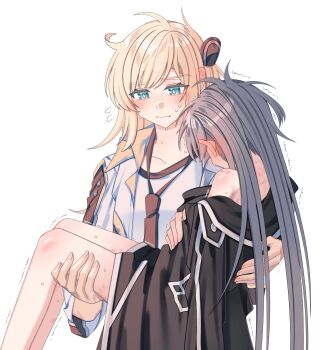 2girls bite_mark blonde_hair blush breasts carrying carrying_person collared_dress commentary_request dress duel_monster emptyayya green_eyes grey_hair highres long_hair long_sleeves multiple_girls necktie simple_background sky_striker_ace_-_raye sky_striker_ace_-_roze sweat tagme trembling white_background yu-gi-oh! yuri