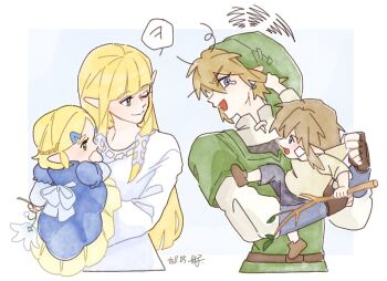 2boys 2girls bandaid bandaid_on_cheek bandaid_on_face black_pants blonde_hair blue_background blue_dress blunt_bangs blunt_ends border brown_hair brown_shoes child closed_mouth commentary cropped_torso dress earrings fingerless_gloves furrowed_brow gloves green_hair green_tunic hair_between_eyes hair_ribbon holding holding_stick jewelry light_blush link long_hair messy_hair multiple_boys multiple_girls nintendo one_eye_closed open_mouth pants parted_bangs phrygian_cap pointy_ears princess_zelda ribbon seza_game shirt shoes short_hair sidelocks smile stick symbol-only_commentary tears the_legend_of_zelda the_legend_of_zelda:_breath_of_the_wild the_legend_of_zelda:_skyward_sword tunic white_border white_dress white_shirt