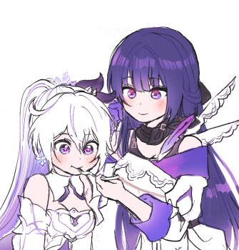 Rule 34 | + +, 2girls, 5rwpvc, bare shoulders, black choker, black scarf, black tank top, blue eyes, breasts, choker, cleavage, colored inner hair, detached sleeves, dress, fork, highres, holding, holding fork, honkai (series), honkai impact 3rd, kiana kaslana, kiana kaslana (apho), kiana kaslana (herrscher of finality), medium breasts, multicolored hair, multiple girls, pink eyes, ponytail, purple eyes, purple hair, raiden mei, raiden mei (apho), scarf, simple background, strapless, strapless dress, tank top, upper body, white background, white dress, white hair