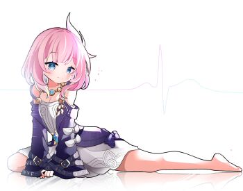 1girl absurdres bare_shoulders barefoot blue_eyes breasts cleavage coat commentary_request cyrene_(aedes_elysiae)_(honkai:_star_rail) cyrene_(honkai:_star_rail) dress feet highres honkai:_star_rail honkai_(series) jewelry mituse multicolored_hair necklace pink_hair purple_coat short_hair simple_background small_breasts smile solo two-tone_hair white_background white_dress white_hair