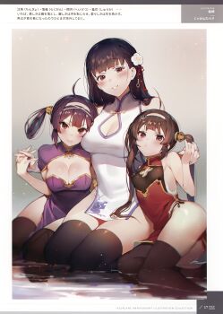 3girls absurdres ahoge azur_lane black_hair black_thighhighs blurry blush breasts brown_hair china_dress chinese_clothes chromatic_aberration cleavage_cutout clothing_cutout depth_of_field dot_nose dress flower girl_sandwich hair_flower hair_ornament hair_rings hairband head_tilt heavy_chromatic_aberration height_difference highres holding_hands interlocked_fingers jagayamatarawo large_breasts long_hair looking_at_viewer medium_breasts multiple_girls ning_hai_(azur_lane) ning_hai_(retrofit)_(azur_lane) official_art panties parted_lips partially_submerged pelvic_curtain ping_hai_(azur_lane) ping_hai_(retrofit)_(azur_lane) purple_dress purple_hair red_dress red_eyes sandwiched scan seiza short_dress siblings side_slit sisters sitting small_breasts smile string_panties tareme thighhighs tsurime twintails underwear white_dress wide_hips yat_sen_(azur_lane) yokozuwari