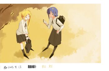 2girls absurdres ahoge bag black_bow black_pantyhose black_skirt black_socks blonde_hair blue_hair bocchi_the_rock! bow closed_eyes commentary dated haidao_mao highres ijichi_nijika kneehighs long_hair long_sleeves multiple_girls open_mouth outdoors pantyhose school_bag shirt short_hair side_ponytail skirt socks white_shirt yamada_ryo yellow_eyes