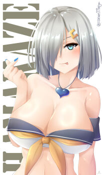 1girl :p absurdres adapted_costume bikini blue_eyes blush breasts cross cross_necklace grey_hair hair_ornament hair_over_one_eye hairclip hamakaze_(kancolle) heart heart_necklace highres jewelry kantai_collection large_breasts looking_at_viewer necklace sailor_bikini sailor_collar seiya_(iiseven) short_hair solo swimsuit tongue tongue_out upper_body white_background white_bikini