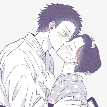Rule 34 | 1boy, 1girl, akaza (kimetsu no yaiba), blush, closed eyes, commentary request, couple, dougi, greyscale, hair pulled back, half-closed eyes, height difference, hetero, highres, hutonderarenai, japanese clothes, kimetsu no yaiba, kimono, kiss, koyuki (kimetsu no yaiba), monochrome, polka dot, polka dot kimono, short hair, simple background, spot color, updo, upper body, white background