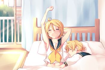 1boy 1girl ahoge aoi_choko_(aoichoco) arm_around_waist arms_up balcony bare_shoulders bed bed_sheet blonde_hair blush brother_and_sister closed_eyes highres hug kagamine_len kagamine_rin lying messy_hair on_side open_mouth pillow ponytail sailor_collar shirt short_hair short_ponytail siblings sleeping sleeveless sleeveless_shirt extendable_limbs treble_clef twins vocaloid waking_up window yawning yellow_neckwear