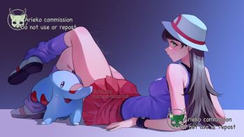 1girl ariekochan black_hair blue_shirt blue_socks blush breasts bucket_hat closed_mouth cosplay elephant gen_2_pokemon green_eyes hat highres leaf_(pokemon) leaf_(pokemon)_(cosplay) long_hair loose_socks lying nintendo on_back open_mouth original phanpy pokemon pokemon_(creature) pokemon_frlg porkpie_hat red_skirt shirt shoes skirt sleeveless sleeveless_shirt smile socks white_hat wristband