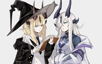 Rule 34 | 2girls, absurdres, arknights, armband, black hat, black horns, black jacket, black necktie, blonde hair, book, brown horns, commentary request, ear chain, ear piercing, earrings, green eyes, grey background, grey hair, hair over one eye, hat, highres, holding, holding book, holding quill, horns, jacket, jewelry, linked piercing, long hair, looking at another, multiple girls, necktie, necrass (arknights), off shoulder, one eye covered, open book, partial commentary, piercing, purple armband, quill, reed (arknights), reed the flame shadow (arknights), reed the flame shadow (curator) (arknights), saneori, siblings, simple background, sisters, star (symbol), star earrings, upper body, white jacket, witch hat