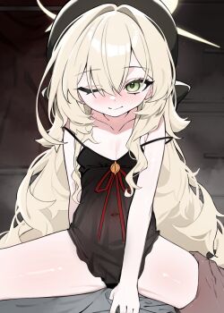 1boy 1girl absurdres black_hat black_negligee blonde_hair blue_archive blush closed_mouth double_strap_slip girl_on_top green_eyes hair_between_eyes halo hat hetero highres ka_keo long_hair looking_at_viewer navel one_eye_closed pov professor_niyaniya_(blue_archive) smile solo_focus thigh_grab yellow_halo