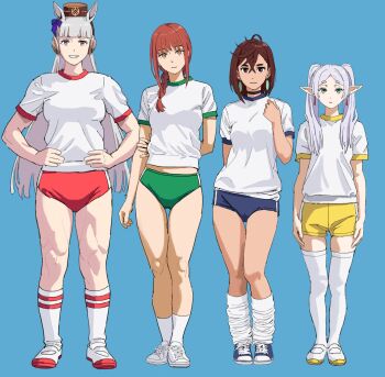 4girls absurdres ayase_momo blue_background blue_buruma braid brown_hair buruma chainsaw_man commentary crossover dandadan elf english_commentary frieren full_body gold_ship_(umamusume) green_buruma hat headphones highres horse_girl long_hair looking_at_viewer loose_socks makima_(chainsaw_man) multiple_crossover multiple_girls muscular muscular_female pointy_ears red_buruma shiren_(ourboy83) shirt shorts simple_background socks sousou_no_frieren sportswear standing thighhighs twintails umamusume white_hair white_shirt white_socks white_thighhighs yellow_shorts