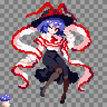 Rule 34 | 1girl, ascot, black hat, black shoes, black skirt, bow, capelet, frilled capelet, frilled shawl, frills, full body, hashtag-only commentary, hat, hat bow, highres, long sleeves, looking at viewer, mushroom, nagae iku, one eye closed, pixel art, purple hair, red ascot, red bow, red eyes, shawl, shoes, short hair, skirt, solo, takeez3, touhou