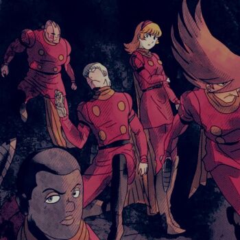 Rule 34 | 1girl, albert heinrich, belt, black belt, black boots, blonde hair, boots, coat, cyborg, cyborg 009, francoise arnoul, geronimo jr, hairband, hand on own arm, jet link, long hair, looking at viewer, multiple boys, pants, pyunma, red coat, red hairband, red pants, sariokisu, scarf, yellow scarf