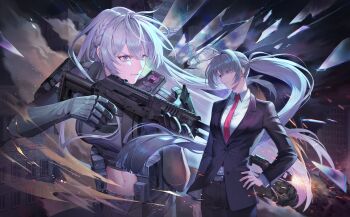 Rule 34 | 1girl, absurdres, ak-15, ak-15 (erwin) (girls' frontline), ak-15 (girls' frontline), ammunition pouch, assault rifle, belt, black belt, black jacket, black pants, black shirt, black suit, braid, breasts, broken glass, buckle, bulletproof vest, business suit, closed mouth, commentary request, cowboy shot, crop top, formal clothes, girls' frontline, girls' frontline 2: exilium, glass, gloves, grey hair, gun, hair between eyes, hair over one eye, hand on own hip, highres, holding, holding gun, holding weapon, jacket, kalashnikov rifle, lm (alstjd2169), long hair, mechanical eyes, medium breasts, midriff, navel, necktie, official alternate costume, pants, parted lips, ponytail, pouch, purple eyes, red necktie, red pupils, rifle, shirt, sidelocks, snap-fit buckle, standing, suit, tactical clothes, voymastina (girls' frontline 2), weapon, white shirt