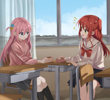 2girls absurdres bento black_skirt black_socks blue_eyes blue_sky blush_stickers bocchi_the_rock! bow bowtie brown_cardigan brown_sailor_collar brown_shirt cardigan chair chinosuke_(cs4126) chopsticks classroom cube_hair_ornament desk gotoh_hitori green_eyes hair_between_eyes hair_ornament highres holding holding_chopsticks indoors jacket kita_ikuyo long_hair long_sleeves looking_at_another miniskirt multiple_girls one_side_up open_mouth pink_hair pink_jacket pleated_skirt red_bow red_bowtie red_hair sailor_collar school_desk school_uniform serafuku shirt shuka_high_school_uniform skirt sky socks talking thighs track_jacket window window_blinds