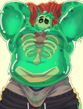 1boy bara bare_pectorals big_belly blush boxer_briefs bulge colored_skin come_hither cowboy_shot doug_(monster_prom) fat fat_man from_below green_skin hawaiian_shirt highres large_bulge large_pectorals male_focus male_underwear monster_boy monster_prom muscular muscular_male navel nipples object_through_head one_eye_closed open_clothes open_shirt pectorals seductive_smile shirt shirt_over_head slime_boy smile solo standing stomach sword_in_head tareme underwear wet_ghost