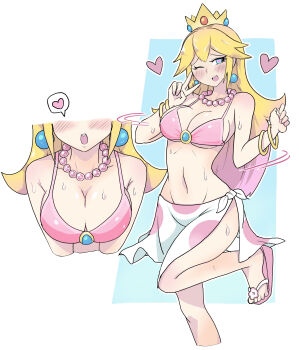 Rule 34 | 1girl, absurdres, alternate breast size (larger), bead necklace, beads, bikini, blonde hair, blue eyes, bracelet, breasts, commentary request, crown, earrings, groin, heart, heart-shaped pupils, highres, jewelry, large breasts, long hair, mario (series), multicolored hair, navel, necklace, nintendo, open mouth, pink bikini, pink hair, pink sandals, polka dot, polka dot skirt, princess peach, princess peach (swimwear), sandals, side-tie skirt, skirt, spoken heart, standing, standing on one leg, super mario odyssey, sweat, swimsuit, symbol-shaped pupils, two-tone hair, v, white-stew