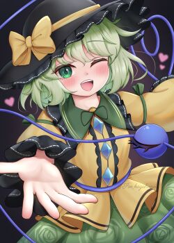 1girl ;d absurdres adapted_costume black_background black_hat blush bow buttons center_frills commentary cowboy_shot diamond_button eyelashes floral_print floral_print_skirt foreshortening frilled_hat frilled_shirt frilled_shirt_collar frilled_sleeves frills green_bow green_eyes green_hair green_skirt hair_between_eyes happy hat hat_bow heart heart_of_string highres komeiji_koishi long_sleeves looking_at_viewer medium_hair one_eye_closed open_mouth outstretched_arm outstretched_hand print_skirt reaching reaching_towards_viewer rose_print shirt simple_background skirt sleeve_bow smile solo soo_kazahana sun_hat teeth touhou twitter_username upper_teeth_only wide_sleeves yellow_bow yellow_shirt