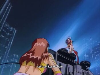 1990s_(style) animated armpits ass blue_hair bouncing_breasts breasts choujin_gakuen_gowcaizer city cleavage covered_erect_nipples curvy highleg highleg_leotard hishizaki_shaia_(gowcaizer) holding holding_weapon huge_ass large_breasts leotard long_hair looking_at_viewer masami_obari nail_polish night night_sky one_eye_closed outdoors pantyhose pole polearm retro_artstyle revealing_clothes ryona shiny_skin sideboob sky smile son_karin subtitled thong video weapon wide_hips wink