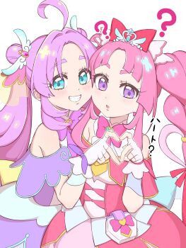 Rule 34 | 2girls, ?, absurdres, ahoge, akechi anna, back bow, blue bow, blue eyes, bow, braid, brooch, capelet, commentary, cure answer, cure mystique, double bun, dress, four-finger heart hands, ganjin, grin, hair bow, hair bun, hair intakes, hair ornament, hair ribbon, heart, heart brooch, heart hands, highres, jewelry, kobayashi mikuru, light frown, long hair, looking at viewer, magical girl, meitantei precure!, multiple girls, open mouth, pact holder, parted bangs, pink hair, precure, purple bow, purple capelet, purple dress, purple eyes, purple hair, red bow, red capelet, red dress, ribbon, simple background, sleeveless, sleeveless dress, smile, standing, translated, twin braids, white background, yellow bow