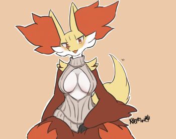 1girl animal_ears breasts cleavage delphox fox_ears fox_girl fox_tail furry furry_female gen_6_pokemon highres nintendo orange_eyes orange_fur pokemon pokemon_(creature) red_fur signature smile tail turtleneck virgin_killer_sweater white_fur yakiniku628 yellow_fur