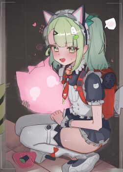 absurdres animal_ear_hairband animal_ears bell black_dress blush cat_ear_hairband cat_ears commentary_request dress fake_animal_ears fang flying_sweatdrops frilled_dress frills green_eyes green_hair hair_ornament hairband heart heart_in_eye high_(hgih) highres holding looking_at_viewer maid maid_headdress megaphone neck_bell official_alternate_costume open_mouth red_bag spoken_blush squatting sunna_(afternoon_tea_break)_(zenless_zone_zero) sunna_(zenless_zone_zero) sweat symbol_in_eye thighhighs triangle_hair_ornament white_thighhighs zenless_zone_zero