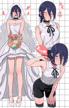 1girl ^_^ absurdres alternate_costume armpits bare_legs black_choker black_ribbon black_shorts black_thighhighs blush bouquet breasts bridal_veil chainsaw_man choker closed_eyes collarbone collared_shirt commentary_request cropped_legs dotted_line dress flower green_hair grenade_pin grid_background grin hair_between_eyes heart highres holding holding_bouquet leaning_forward long_hair_between_eyes looking_at_viewer multiple_views neck_ribbon reze_(chainsaw_man) ribbon shirt shirt_tucked_in shoes shorts sleeveless sleeveless_shirt small_breasts smile strapless strapless_dress thighhighs veil wedding_dress white_dress white_shirt white_shoes yoshikirino