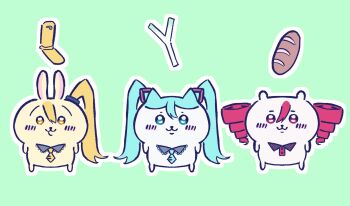 akita_neru akita_neru_(cosplay) aqua_eyes aqua_hair baguette blonde_hair bread cat cellphone chibi chibi_only chiikawa chiikawa_(character) cosplay drill_hair flip_phone food green_background hachiware_(chiikawa) hatsune_miku hatsune_miku_(cosplay) highres kasane_teto kasane_teto_(cosplay) no_humans phone pink_eyes pink_hair rabbit side_ponytail spring_onion triple_baka_(group) twin_drills twintails usagi_(chiikawa) utau vocaloid yakisilk yellow_eyes