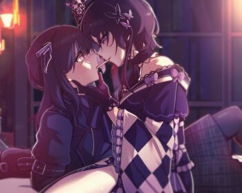 2girls bai_weizi_lingzi bare_shoulders black_choker black_dress black_gloves black_hair black_hat black_jacket black_kimono black_pantyhose bug butterfly butterfly_hair_ornament candy checkered_sleeves chinese_commentary choker cigarette_candy closed_mouth commentary_request commission dress eye_contact face-to-face food from_side gloves grey_eyes hair_ornament hand_on_another's_chin hat highres housho_margo imminent_kiss indoors insect jacket japanese_clothes kimono kurobe_nanoka lolita_fashion long_hair long_sleeves looking_at_another mahou_shoujo_no_majo_saiban mini_hat mini_top_hat multiple_girls pantyhose parted_bangs profile purple_butterfly purple_eyes second-party_source shared_food short_hair sitting smile top_hat twintails wa_lolita yuri