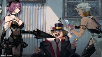 1girl 2boys :d absurdres against_wall arm_warmers backless_coat bare_shoulders between_fingers black_arm_warmers black_gloves black_hat black_jacket black_leotard black_pants black_suit black_umbrella blood blood_from_mouth bob_cut breasts bruise bruised_eye cellphone closed_umbrella clothing_cutout coat copyright_name copyright_notice cowboy_shot detached_collar double_v elbow_gloves eyewear_on_head flip_phone formal_clothes gloves hair_ornament hat highres holding holding_jewelry holding_phone holding_ring holding_umbrella injury jacket janus_(xinyue_tongxing) jewelry knife large_breasts leotard logo looking_at_another multiple_boys necktie nosebleed official_art official_wallpaper open_mouth pants phone profile purple_hair red_necktie ring shirt short_hair single_arm_warmer sleeveless sleeveless_coat smile spaghetti_strap stab suit sunglasses teeth thigh_cutout toned toned_male top_hat umbrella unworn_ring upper_teeth_only v white_hair white_shirt xinyue_tongxing yellow_eyes yuren_(xinyue_tongxing)