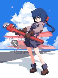 1girl aircraft airplane animated biplane blue_eyes blue_hair boots bow brown_gloves cloud constanze_amalie_von_braunschbank-albrechtsberger day drawstring falling_petals female_focus gloves hair_blowing hair_bow holding holding_wrench hood hood_down hoodie horizon little_witch_academia looping_animation ocean outdoors overall_shorts overalls petals pixel_art ponytail red_bow sakut126 serious shadow solo standing video wrench