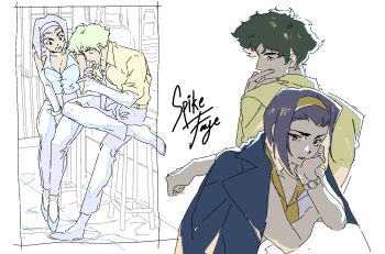 Rule 34 | 1boy, 1girl, breasts, character name, collared shirt, cowboy bebop, cropped vest, faye valentine, furrowed brow, green hair, hairband, head on hand, highres, jacket, jacket on shoulders, medium breasts, multiple views, purple hair, shirt, short hair, sitting, sleeves rolled up, smoking, sona (mmediocreman), spike spiegel, vest, watch, white background, wristwatch, yellow hairband, yellow shirt, yellow vest