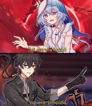 1boy 1girl black_gloves black_hair black_hole black_jacket blue_dress blue_pupils blue_veil breasts colored_eyelashes commentary crying crying_with_eyes_open dress english_commentary game_screenshot_background gloves grey_shirt hair_between_eyes highres jacket jhenny345 looking_at_viewer male_rover_(wuthering_waves) medium_breasts open_mouth pointing pointing_forward purple_eyes rover_(wuthering_waves) screenshot_background shirt shorekeeper_(wuthering_waves) spanish_text tears translation_request two-tone_veil veil white_veil wuthering_waves yellow_eyes