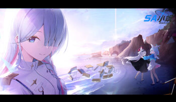 3girls :d absurdres arona_(blue_archive) artist_logo artist_name barefoot black_coat black_hairband blue_archive blue_eyes blue_hair blue_halo blue_shirt blush bow bow_hairband braid breasts chromatic_aberration closed_mouth cloud coat colored_inner_hair commentary_request copyright_name desk floating_hair footprints footwear_bow general_student_council_president_(blue_archive) grey_eyes grey_hair hair_bow hair_over_one_eye hairband halo highres jacket letterboxed logo long_hair long_sleeves looking_at_viewer looking_back midriff_peek multicolored_hair multiple_girls no_legwear open_mouth outdoors pink_hair pink_skirt plana_(blue_archive) red_halo sailor_collar school_desk school_uniform serafuku shirt shoes shore short_hair side_braid single_braid skirt sky smile sparkle turning_head two-tone_hair two-tone_skirt unworn_shoes very_long_hair walking water white_bow white_hairband white_jacket white_sailor_collar white_shoes white_skirt wind xiao_sa_(hayatekkk)