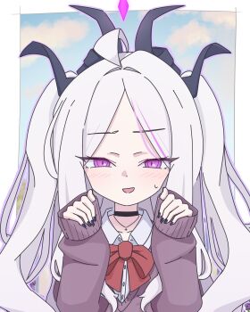 absurdres ahoge blue_archive breasts day demon_girl demon_horns halo highres hina_(blue_archive) horns long_hair omoti_tumaru outdoors red_ribbon ribbon school_uniform small_breasts upper_body very_long_hair white_hair