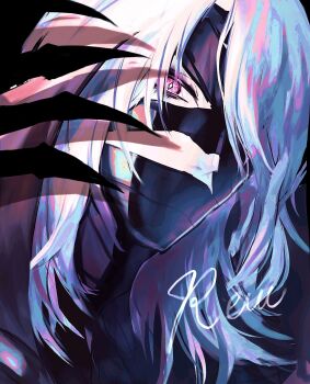 1boy asgx_7135 bandaged_head bandaged_neck bandages black_bandages claws commentary_request covered_mouth diamond-shaped_pupils diamond_(shape) genshin_impact highres looking_at_viewer male_focus pink_eyes rerir_(genshin_impact) solo symbol-shaped_pupils watermark white_hair