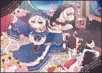 2girls beret blue_dress bow bug butterfly candy checkerboard_cookie commentary_request cookie cup curtains dress food frilled_dress frills gothic_lolita hair_over_one_eye hairband hat heterochromia indoors insect jogasaki_noah lolita_fashion lolita_hairband long_hair long_sleeves looking_at_viewer mahou_shoujo_no_majo_saiban multi-tied_hair multicolored_hair multiple_girls natsume_an-an painting_(object) picture_frame polka_dot polka_dot_bow profile puppet_strings purple_eyes saeki_miria sitting sleeves_past_fingers sleeves_past_wrists spoilers streaked_hair toruriri0718 very_long_hair white_hair