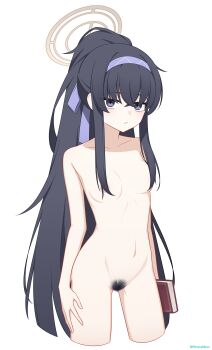 Rule 34 | 1girl, absurdres, bags under eyes, black hair, blue archive, book, breasts, brown halo, commentary, completely nude, crossed bangs, female pubic hair, hair between eyes, hair censor, hairband, halo, highres, holding, holding book, long hair, navel, nude, official alternate hairstyle, ponytail, pubic hair, purple eyes, purple hairband, sidelocks, siranui desu, small breasts, ui (blue archive), ui (swimsuit) (blue archive), very long hair