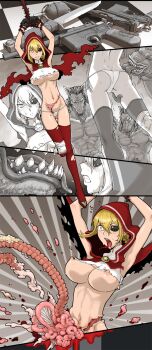 1girl amputee armpits arms_up bdsm big_bad_wolf black_gloves blonde_hair blood bondage bound breasts cape combat_knife comic disembowelment eyepatch freckles gloves gun guro handgun highres hood intestines knife large_breasts little_red_riding_hood_(fairy_tale) little_red_riding_hood_(fairy_tale_character) mauser_c96 momo_tai nipples open_mouth panties red_eyes red_thighhighs screaming side-tie_panties silent_comic sweat thighhighs torn_clothes torn_legwear underboob underwear weapon werewolf