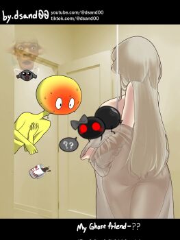 ass bare_shoulders blush bob_yellow_(my_ghost_friend) breasts breasts_out bug citravillain colored_skin commentary convenient_censoring couple dress english_commentary full-face_blush grey_dress grey_hair highres huge_ass huge_breasts long_hair meme my_ghost_friend see-through_clothes susie_(my_ghost_friend) thick_thighs thighs very_long_hair wide_hips yellow_skin