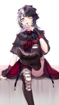 1girl black_bow black_bowtie black_capelet black_hair black_thighhighs blush bow bowtie brooch capelet collared_dress commentary curry_bowl dress english_commentary feet foot_focus foot_up frilled_capelet frilled_dress frilled_shirt frilled_skirt frills grey_hair hair_bow hair_ornament hairclip hand_to_own_mouth hand_up heart heart_brooch highres hololive hololive_english jewelry layered_shirt long_hair long_sleeves looking_at_viewer multicolored_hair nail_polish official_alternate_costume official_alternate_hairstyle on_bed parted_lips ponytail red_dress see-through_clothes see-through_legwear shiori_novella shiori_novella_(casual) shirt short_dress simple_background sitting skirt smile soles solo split-color_hair thighhighs toes virtual_youtuber wrist_cuffs yellow_eyes