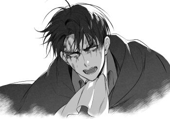 1boy ascot blood blood_on_face cloak collared_shirt commentary_request greyscale highres korean_commentary levi_(shingeki_no_kyojin) looking_at_viewer lovewithyou_159 male_focus monochrome open_mouth shingeki_no_kyojin shirt short_hair simple_background solo white_background