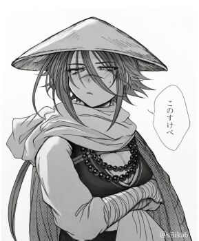 1girl ajirogasa artist_name bandaged_arm bandages bead_necklace beads blush breasts cape check_translation cleavage commentary_request crossed_arms fate/grand_order fate_(series) hat highres japanese_clothes jewelry kimono large_breasts looking_at_viewer necklace scar scar_on_face scar_on_nose scarf siiika_(siiika6) solo speech_bubble sugitani_zenjubou_(fate) sugitani_zenjubou_(second_ascension)_(fate) sweat translation_request