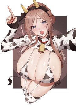 1girl animal_ear_hairband animal_ears animal_print bell bikini blue_eyes blush border breasts brown_hair cleavage commentary_request cow_ear_hairband cow_ears cow_horns cow_print cow_print_bikini cow_print_thighhighs cow_tail cowbell fake_animal_ears fake_horns foreshortening from_above gakuen_idolmaster hair_bun hairband highres himesaki_rinami horns huge_breasts idolmaster index_finger_raised long_hair looking_at_viewer nagomu_7_56 neck_bell open_mouth outside_border outstretched_arm print_bikini print_thighhighs shrug_(clothing) sidelocks simple_background single_hair_bun skindentation smile solo swimsuit tail thighhighs thighs white_border