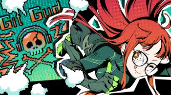 1girl :q all-out_attack artist_request bodysuit broken_eyewear english_text glasses green_background green_bodysuit headphones highres long_hair non-web_source official_art one_eye_closed oracle_(persona_5) orange_hair persona persona_5 pixelated sakura_futaba skull_and_crossbones smile solo star-shaped_pupils star_(symbol) symbol-shaped_pupils thumbs_up tongue tongue_out