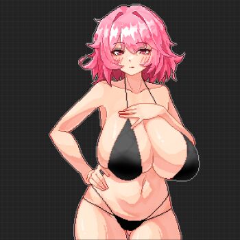1girl bare_shoulders bikini black_background black_bikini blush breasts cleavage closed_mouth commentary eaglov english_commentary hand_on_own_hip hat highres huge_breasts looking_at_viewer mob_cap multiple_views navel pink_eyes pink_hair pixel_art saigyouji_yuyuko short_hair swimsuit touhou