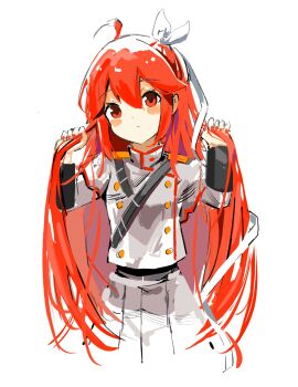 Rule 34 | 1girl, absurdres, ahoge, blush, blush stickers, dot nose, grey jacket, grey skirt, highres, jacket, kasane teto, kasane teto (sv), long hair, long sleeves, looking at viewer, mp777b, red eyes, red hair, simple background, skirt, solo, synthesizer v, utau